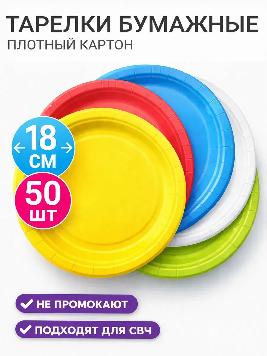 Тарелки одноразовые бумажные набор цветные