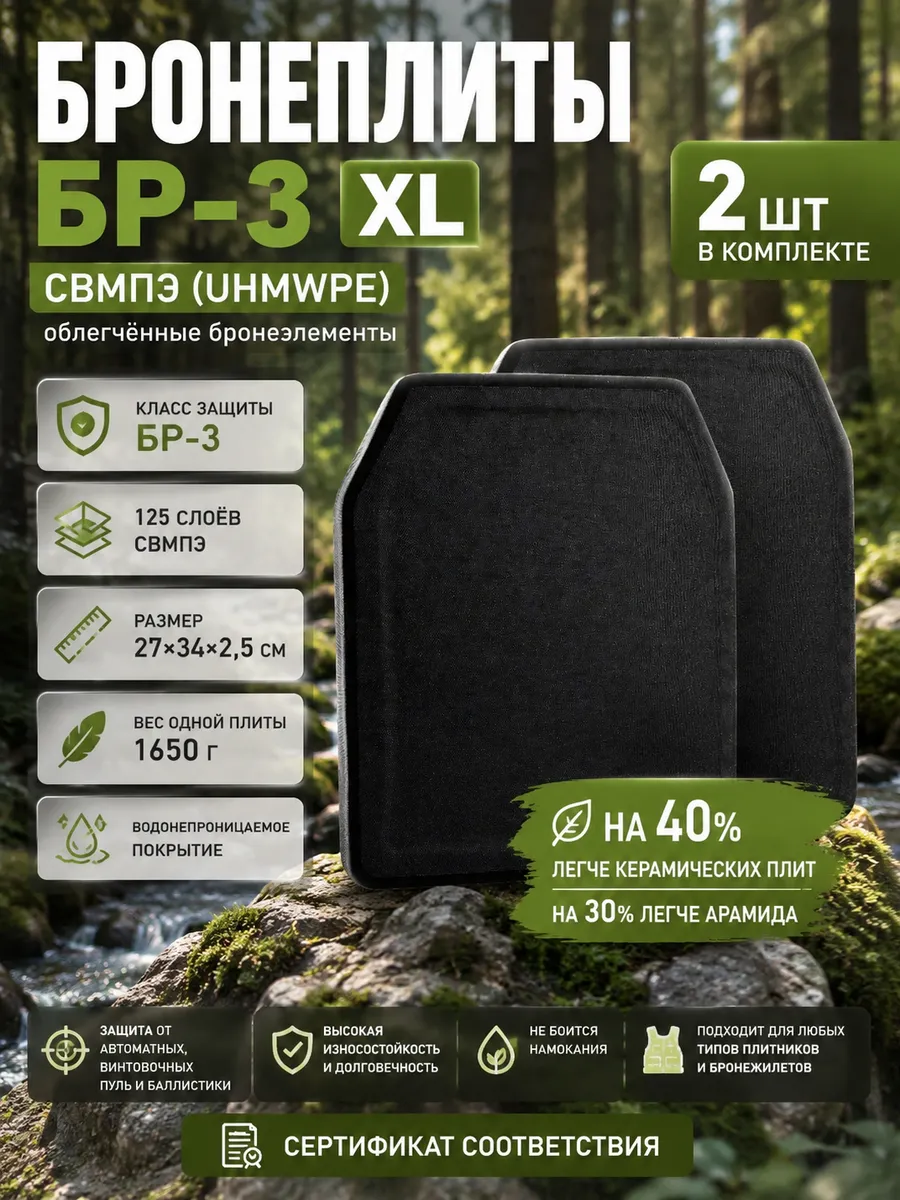 Бронеплиты БР3 XL СВМПЭ 27х34 комплект 2 шт облегченные