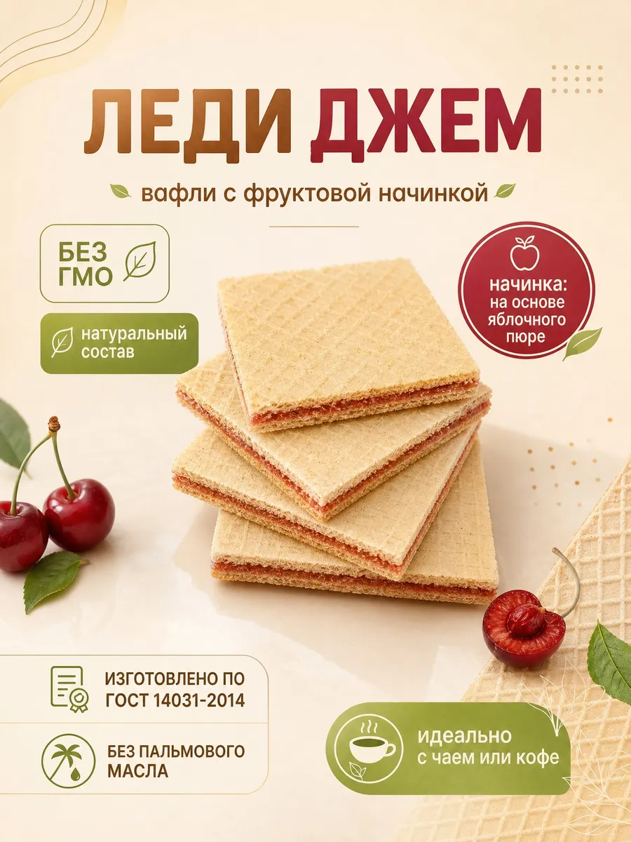 Вафли "Леди Джем"с фруктовой начинкой, вишня,250 гр