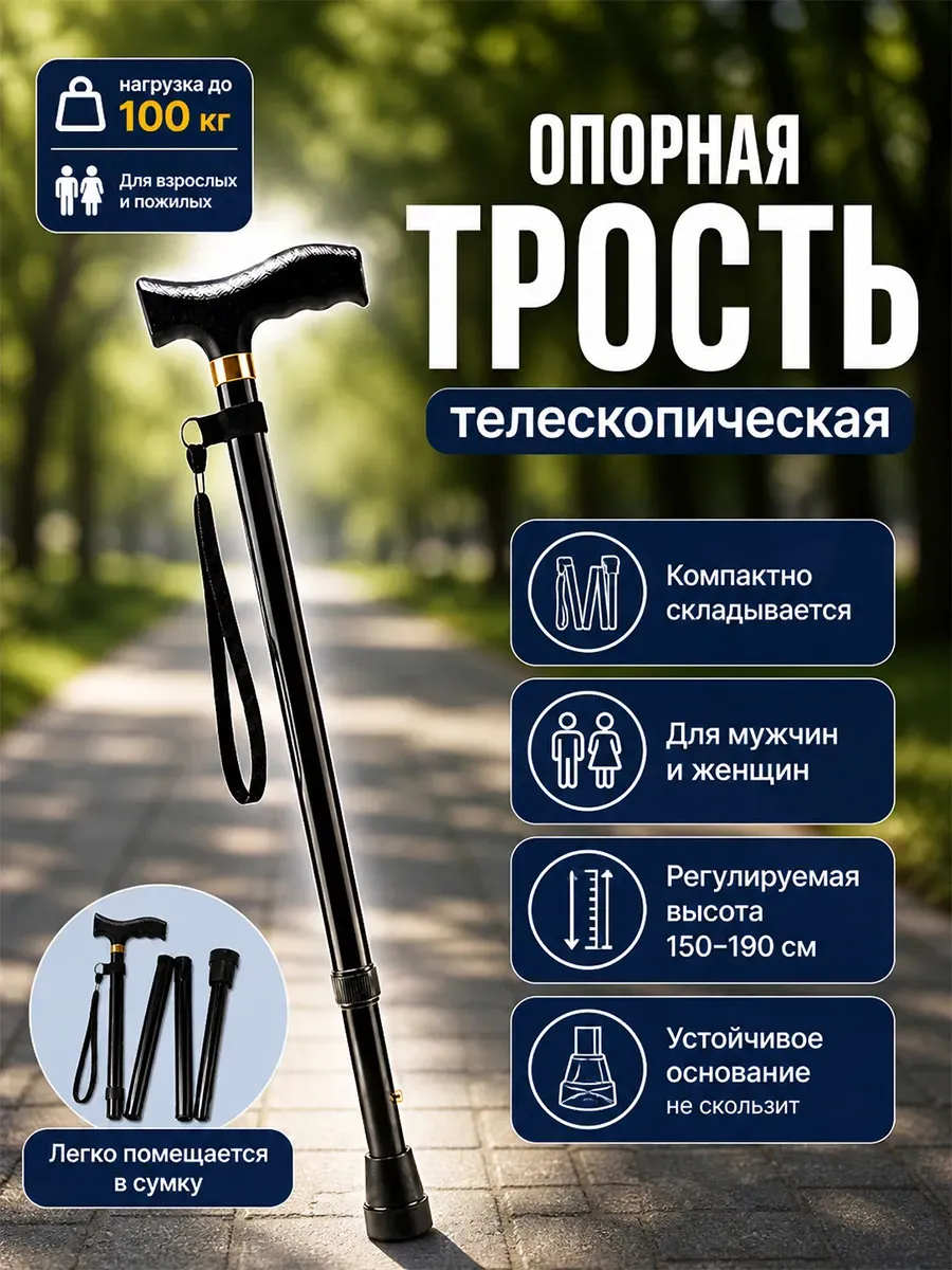 Трость опорная для ходьбы регулируемая складная с УПС