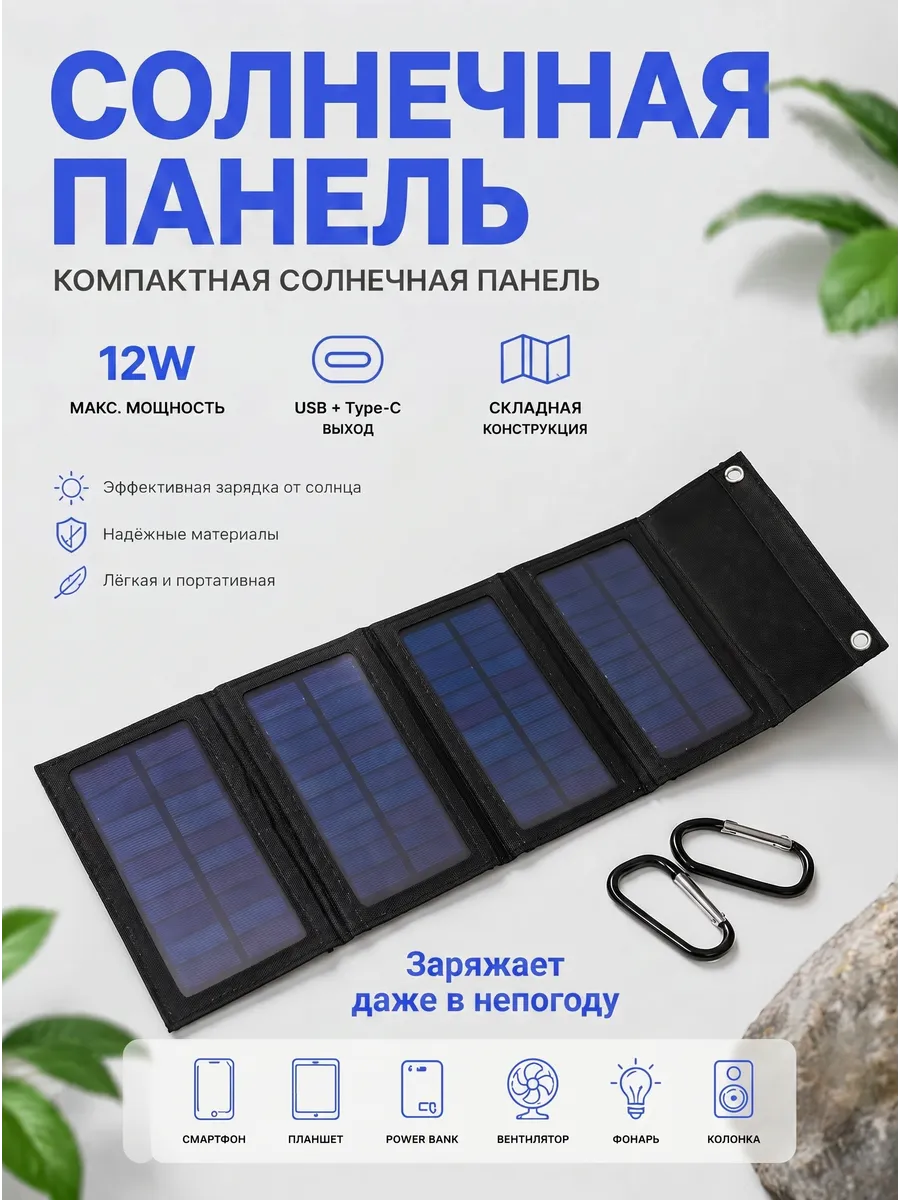 Солнечная панель складная туристическая повербанк 12В