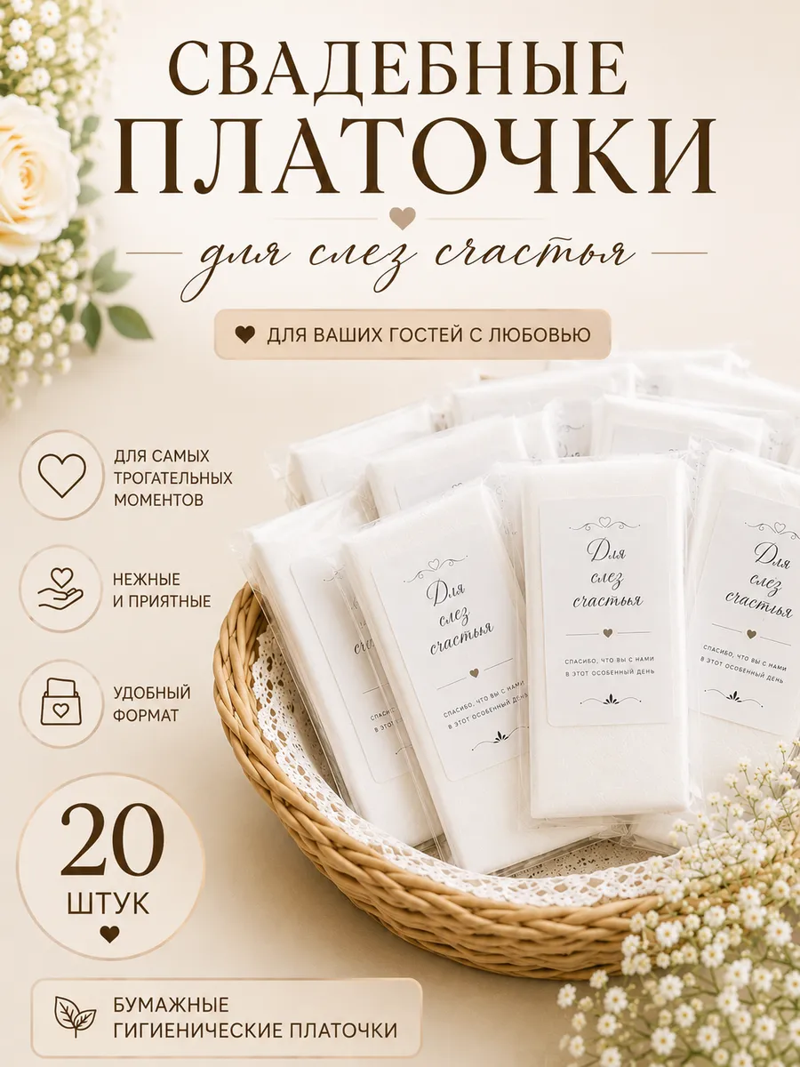 Платочки на свадьбу для гостей 20 шт, свадебный декор
