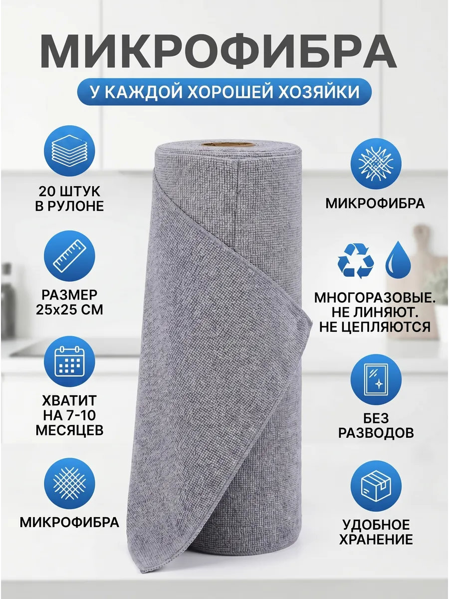 Салфетки для уборки и кухни из микрофибры в рулоне