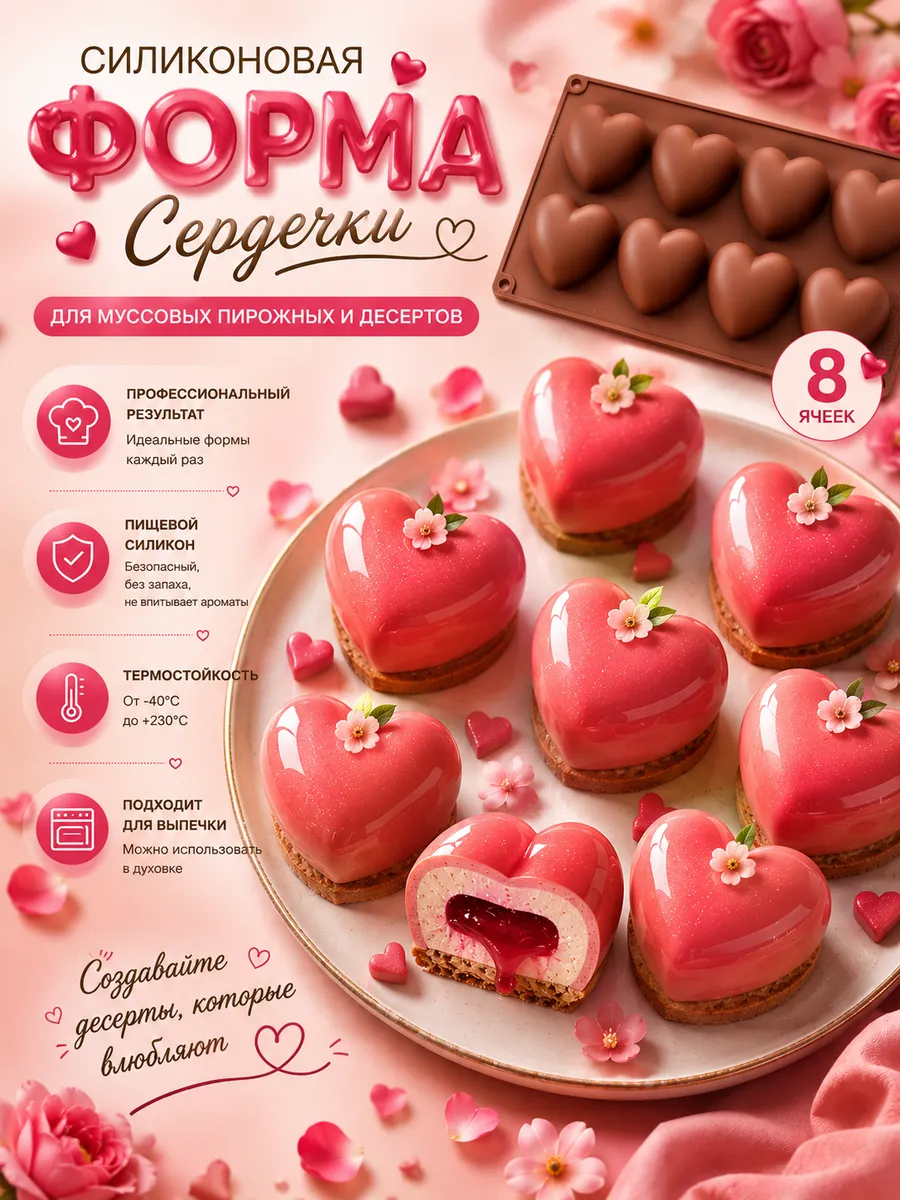 Силиконовая форма для муссовых пирожных и десертов Сердце