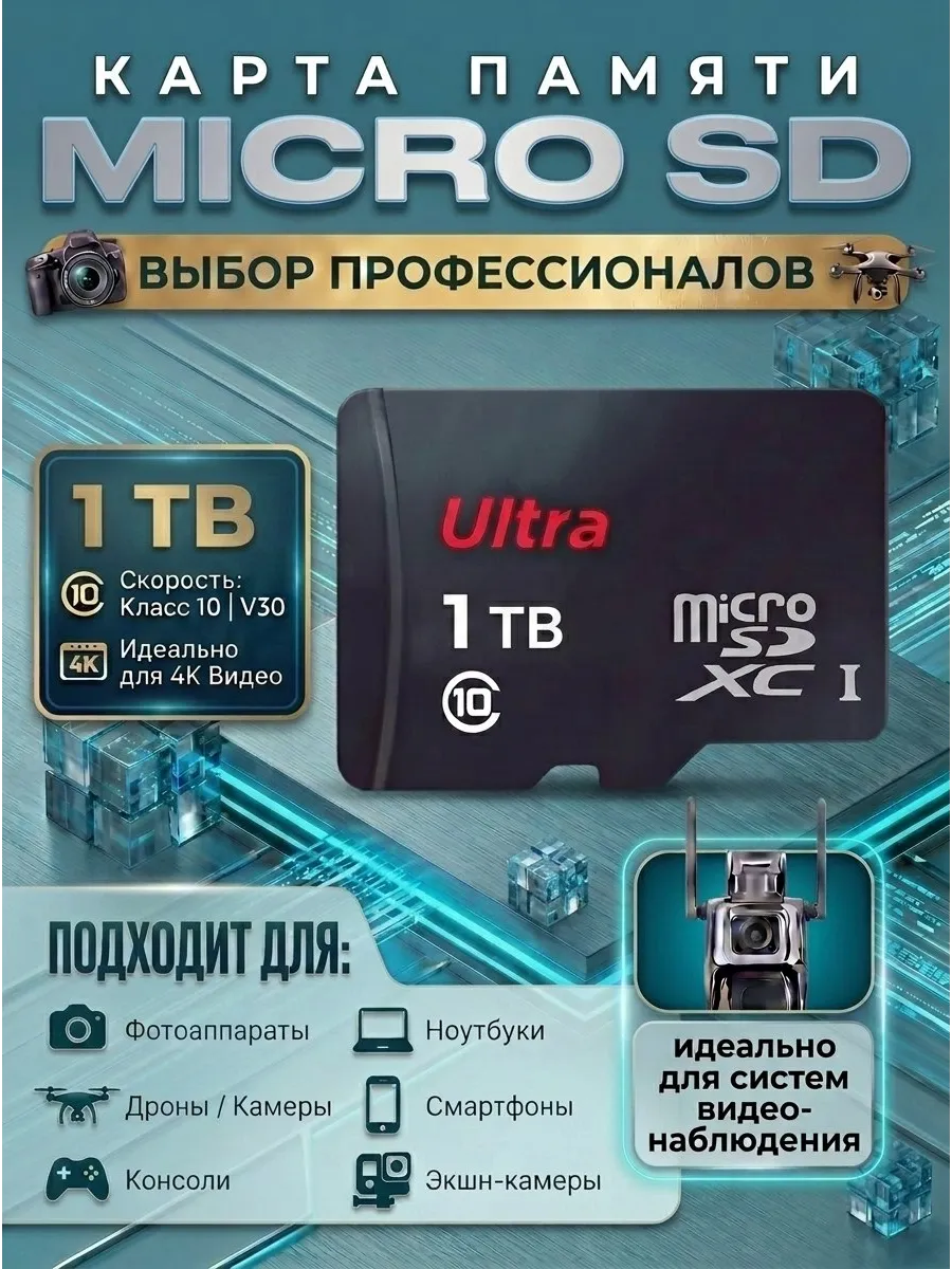 Карта памяти 1 ТБ MicroSD для телефона и видеорегистратора Class 10