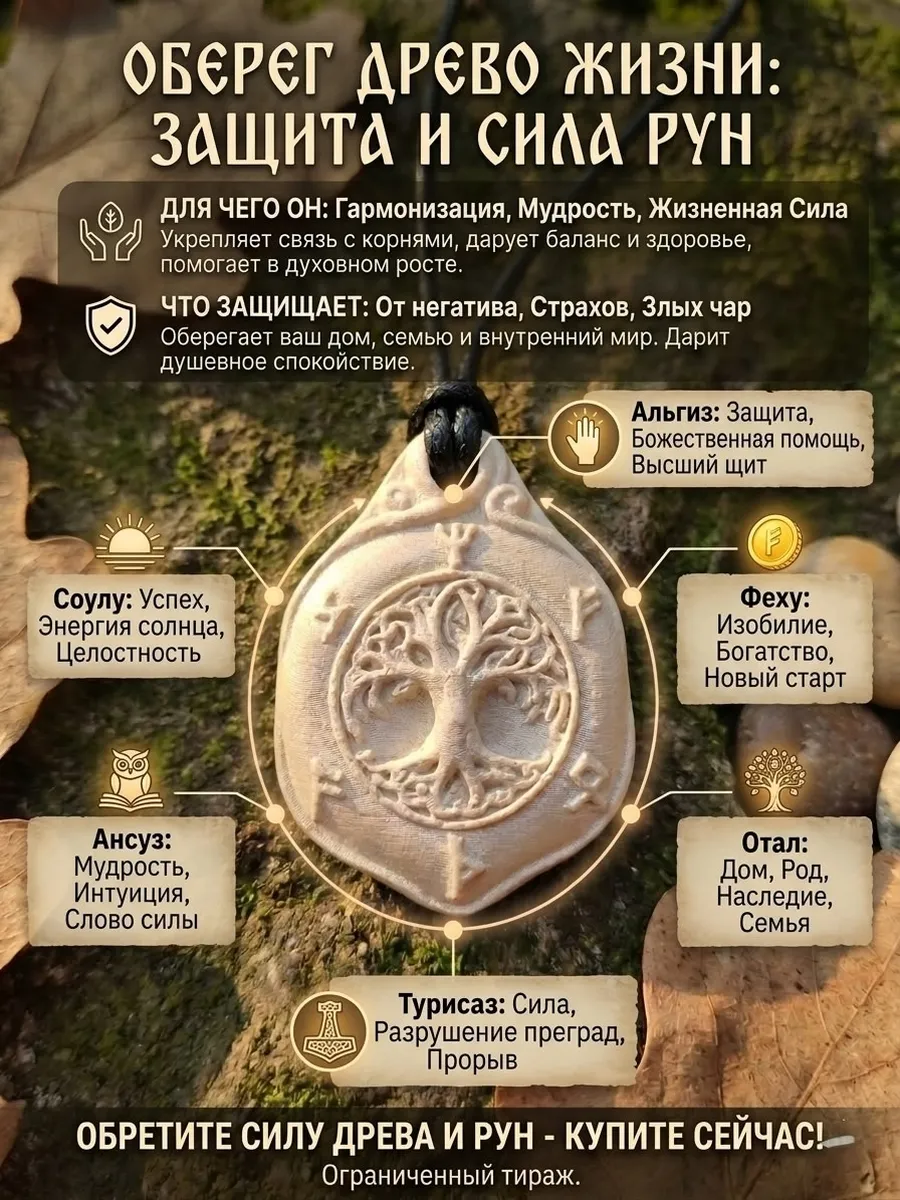 Кулон оберег Древо жизни с рунами для защиты и благополучия