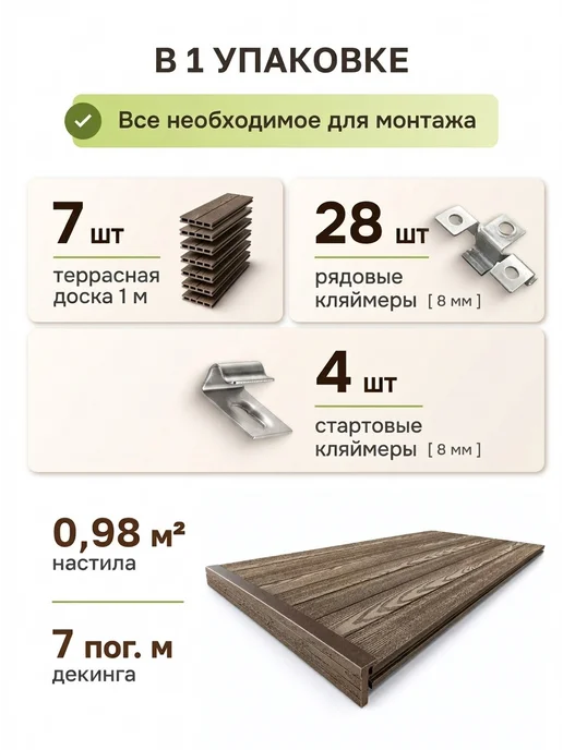 ДЕКИНГ_22 Террасная доска ДПК комплект с кляймерами, 1 м, 1 м, фото 2