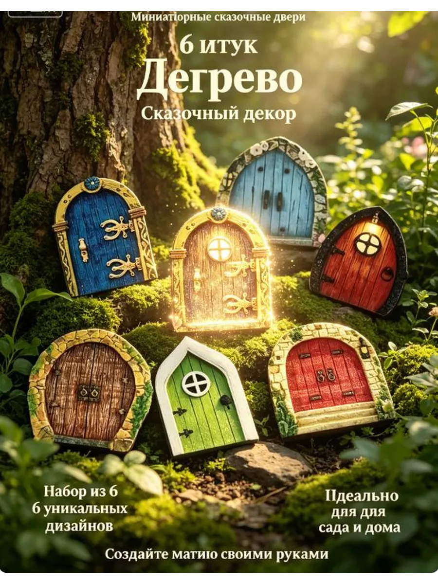 Миниатюрные сказочные двери для эльфов и фей 6 шт, декор для