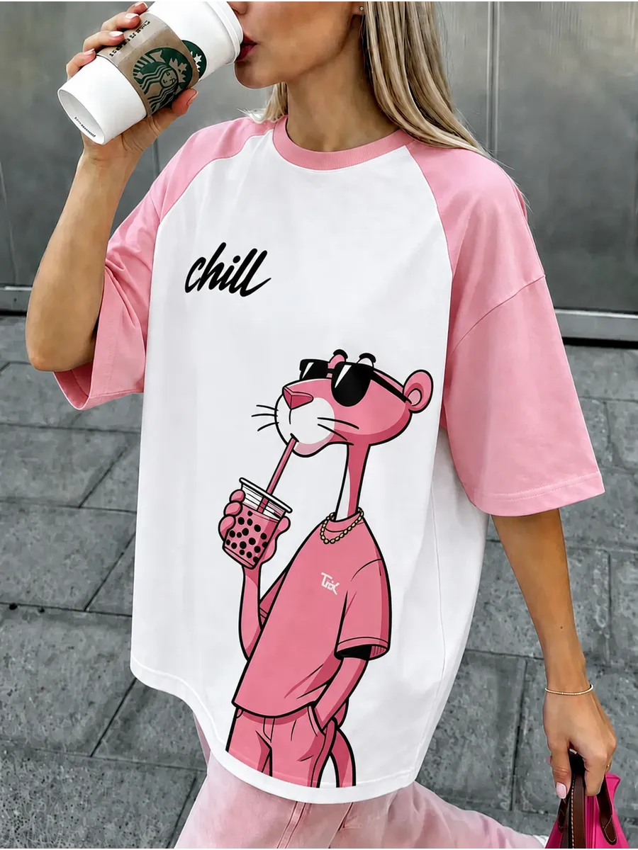 Футболка Pink Panther Белая Оверсайз С Розовым Рукавом