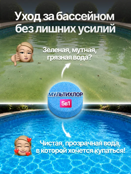 БАССЕЙНЕР Химия для бассейна в таблетках 5в1 с хлором, 1 кг, 1 кг, фото 3