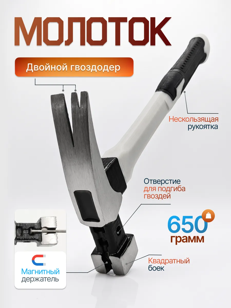 Молоток гвоздодер строительный с магнитом