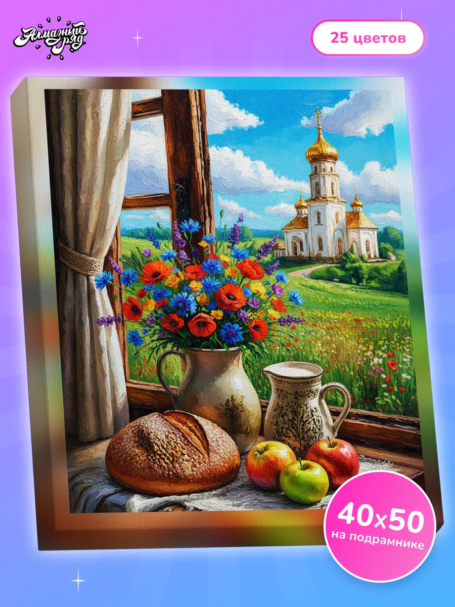 Алмазная мозаика на подрамнике 40х50 см Вид на храм из окна