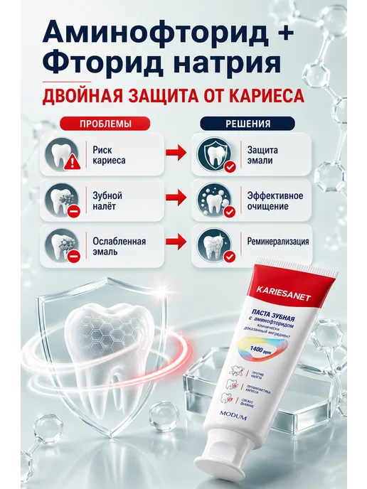 MODUM Зубная паста KARIESANET с аминофторидом, 100 г, 100 г, фото 2