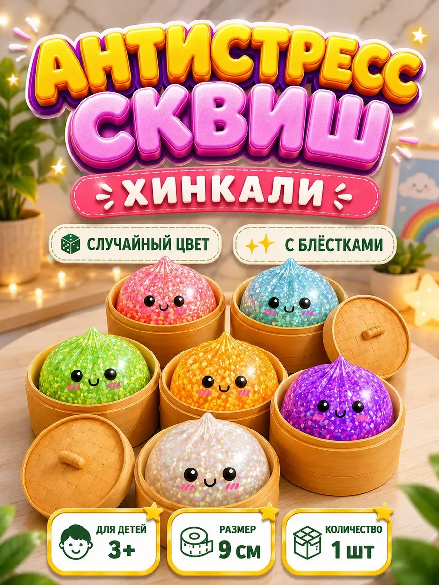 Антистресс Сквиш Хинкали с блестками прозрачный