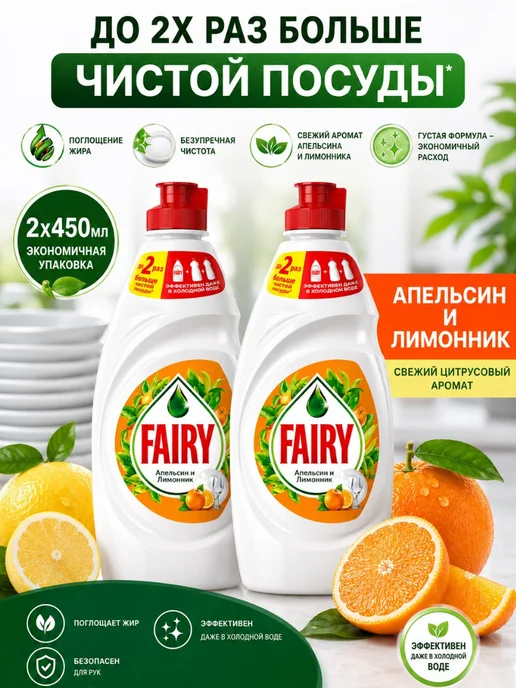 Fairy Средство для мытья посуды Лимон и апельсин, 2x450 мл, 450 мл