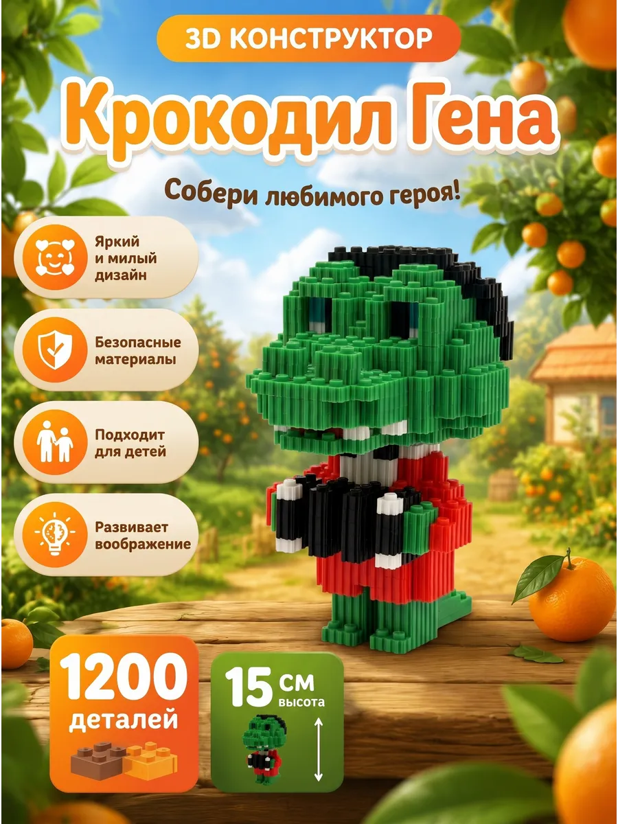 конструктор крокодил Гена 3д из миниблоков пластиковый