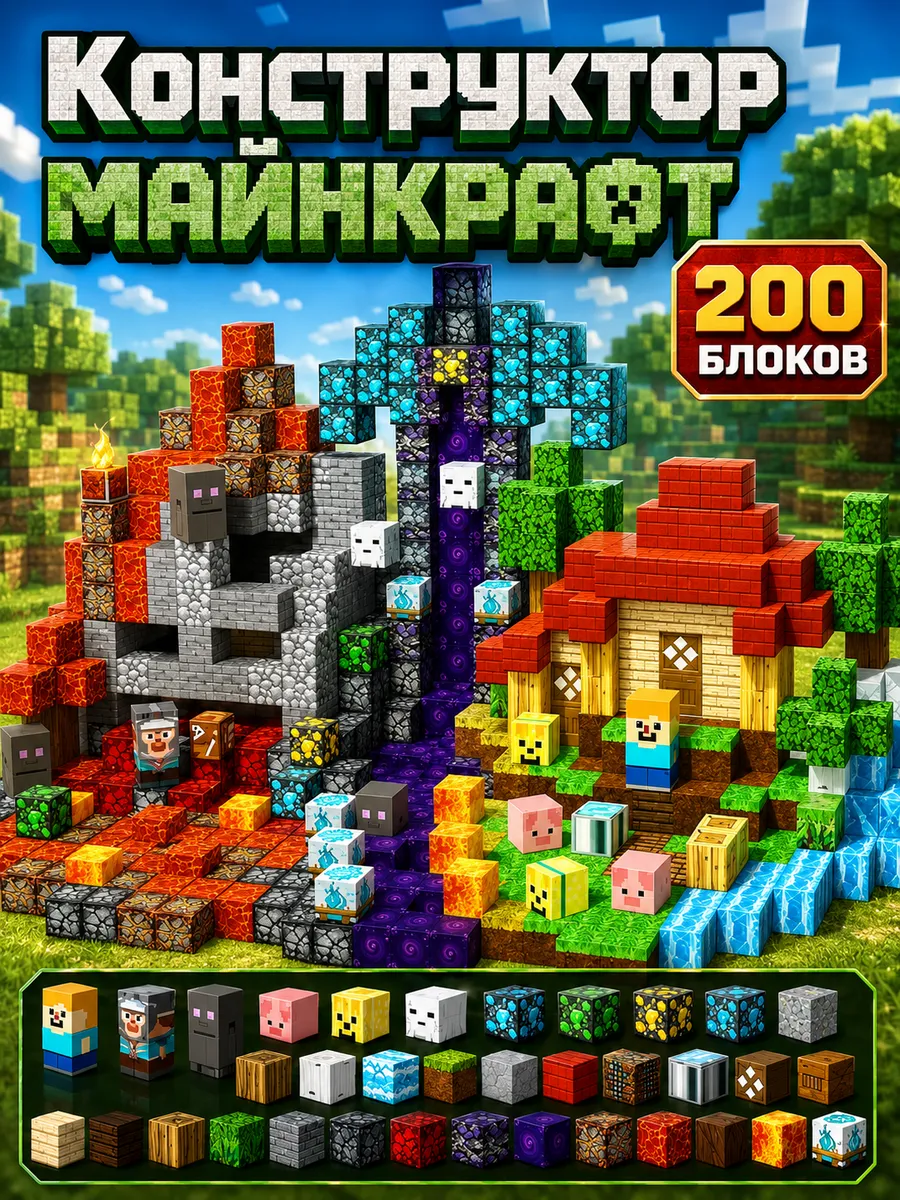 Майнкрафт. Магнитный конструктор Minecraft 200 кубиков
