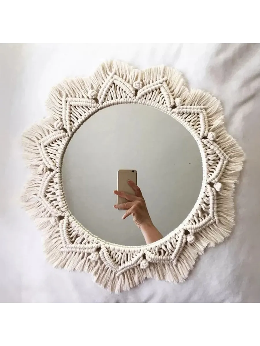Бежевое круглое зеркало макраме Mirror M0864