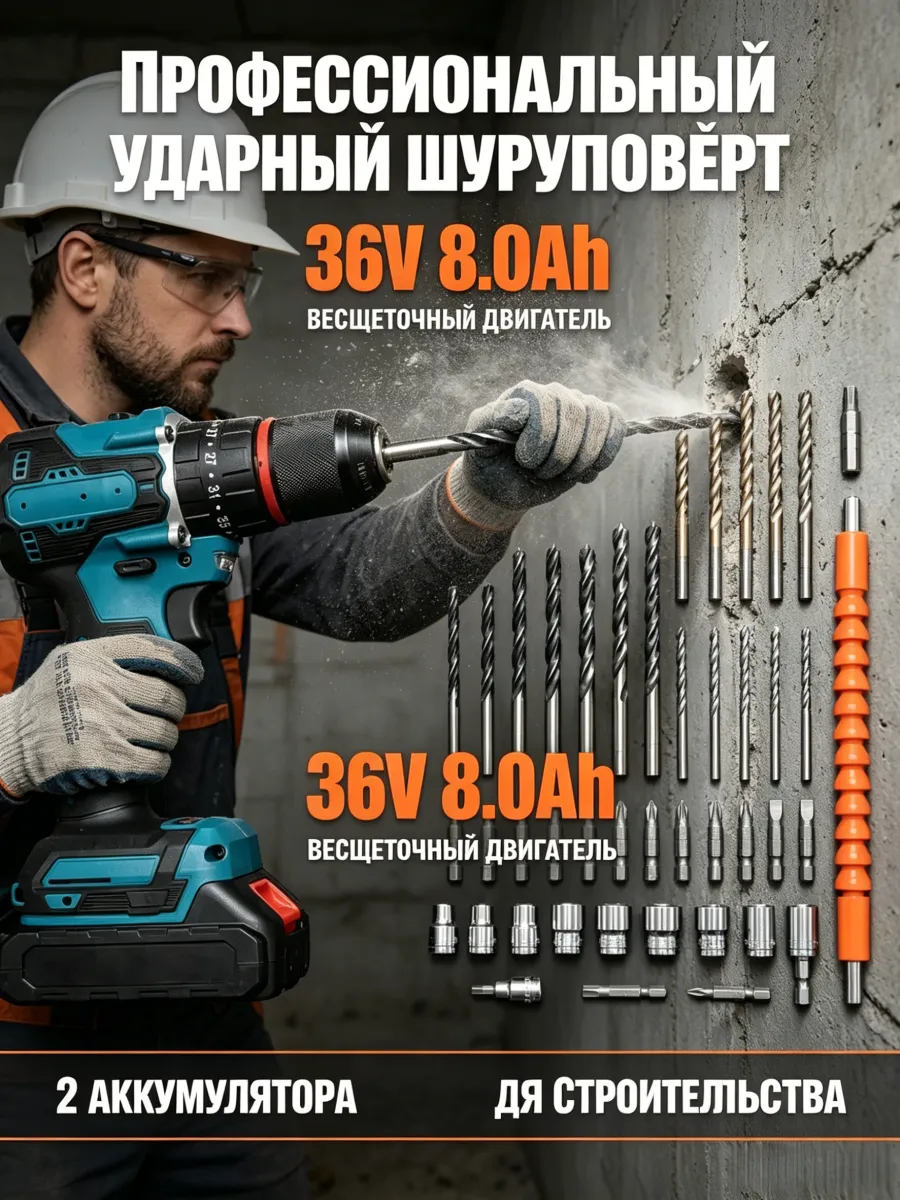 Дрель-шуруповерт 36В 2 скорости удар 13 мм