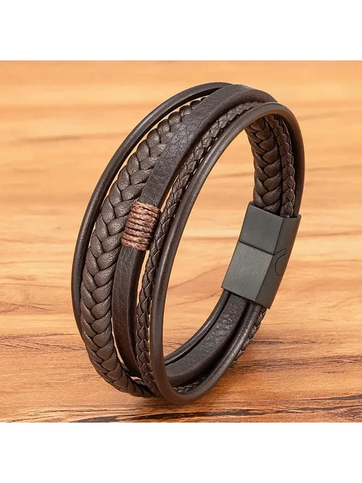 XQNI мужской кожаный браслет Brown with Black 21 см, черный, фото 2
