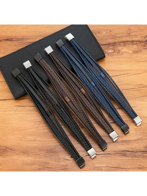 XQNI мужской кожаный браслет Brown with Black 21 см, черный, фото 3