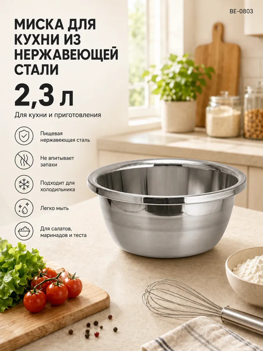 Миска из нержавеющей стали для кухни 2,3 л BE-0803