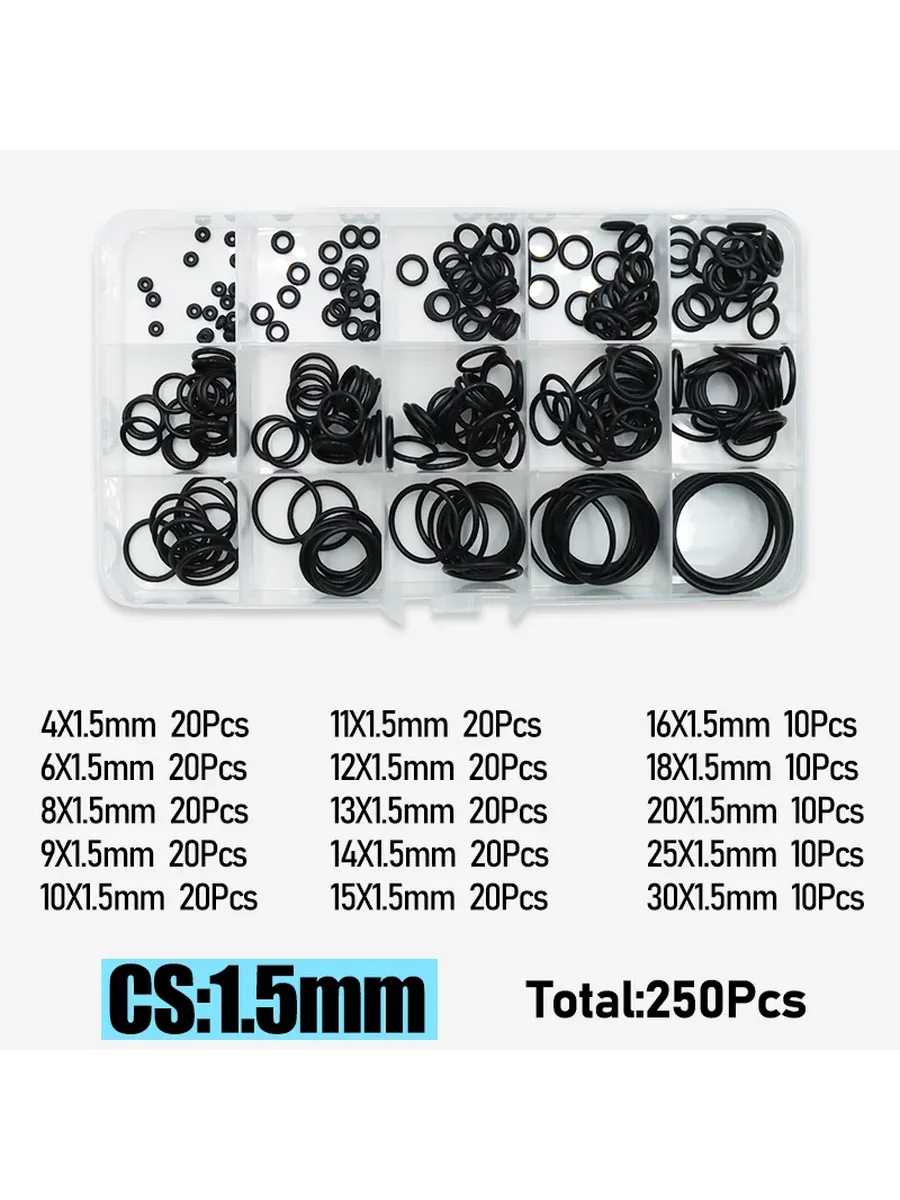 Уплотнительные кольца резиновые, 250шт, CS: 1.5mm