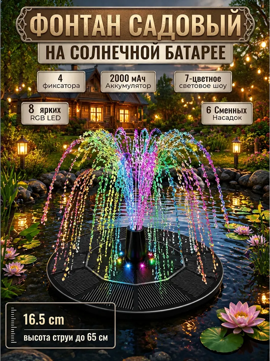 Фонтан садовый на солнечной батарее с RGB LED подсветкой