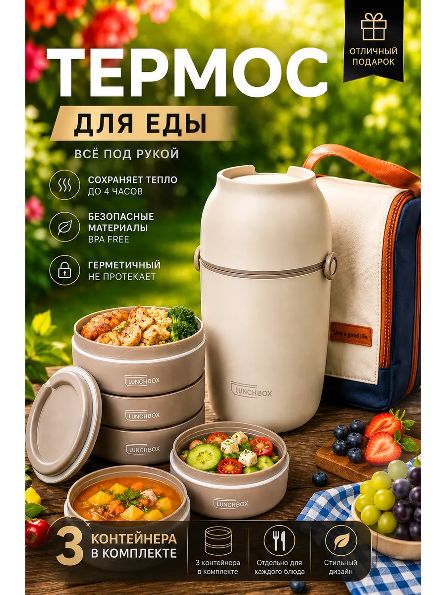 Термос для еды с контейнерами 1.5 с широким горлом