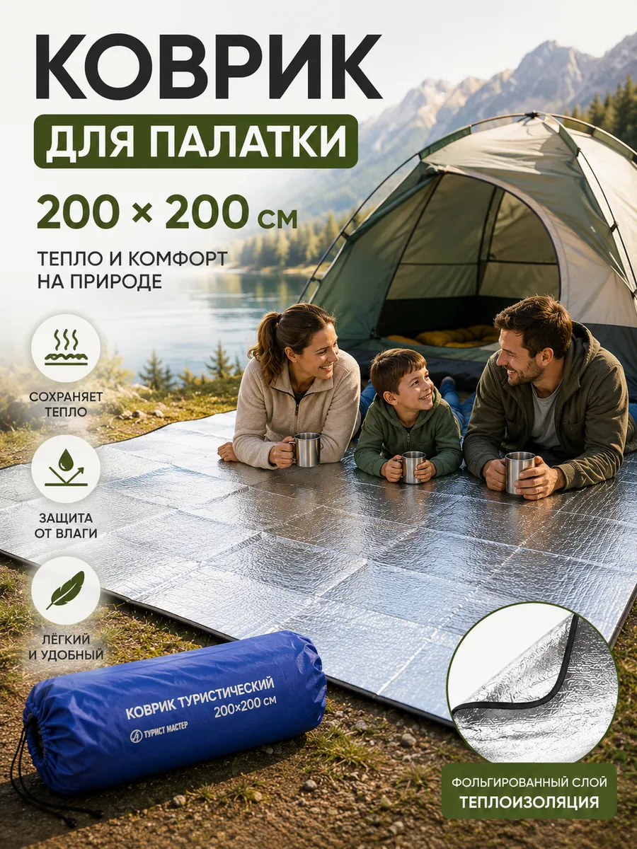 Туристический Коврик фольгированный для палатки 200x200см