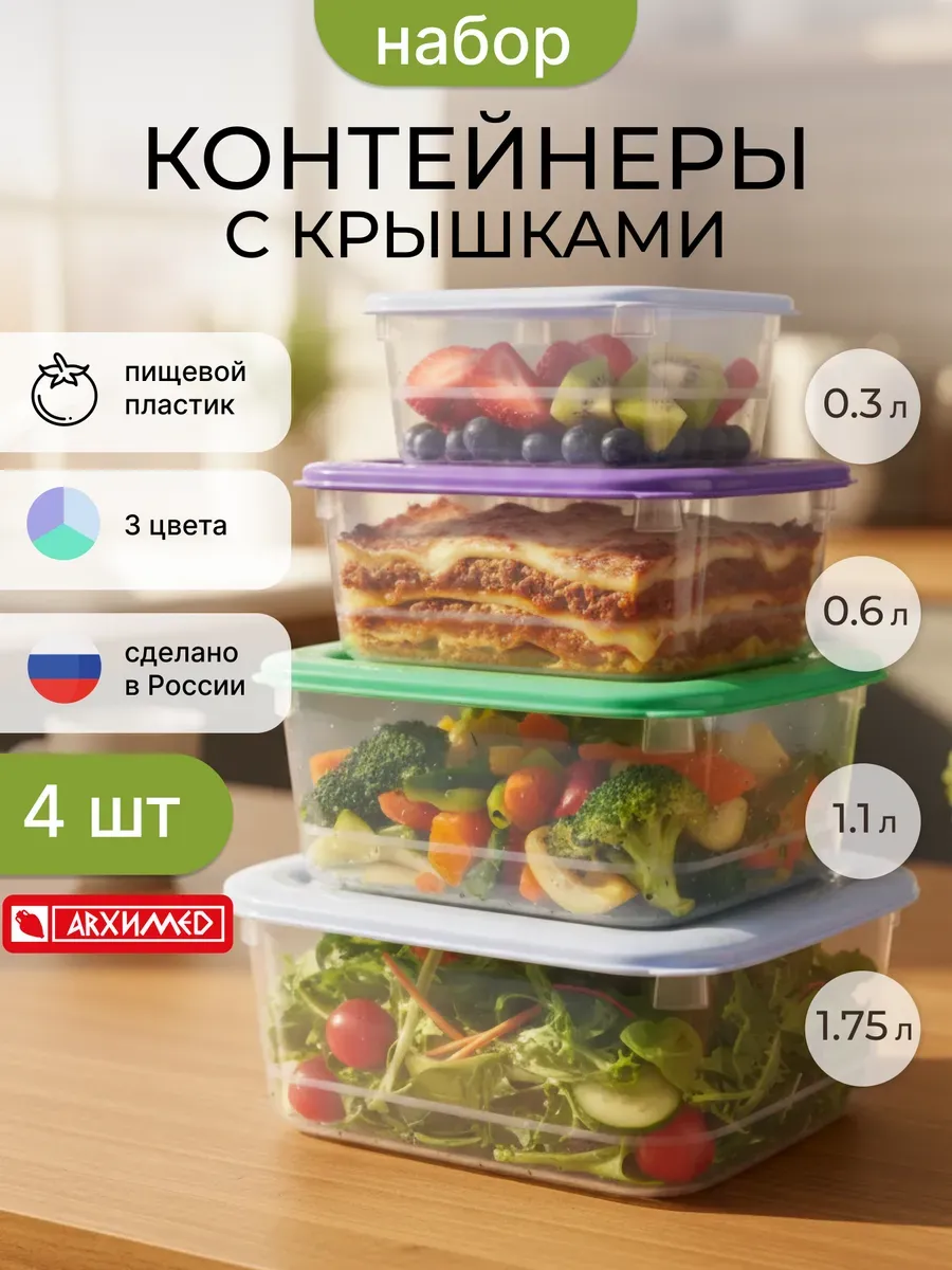 Набор контейнеров для еды 4шт (0,3л+0,6л+1,1л+1,75л)