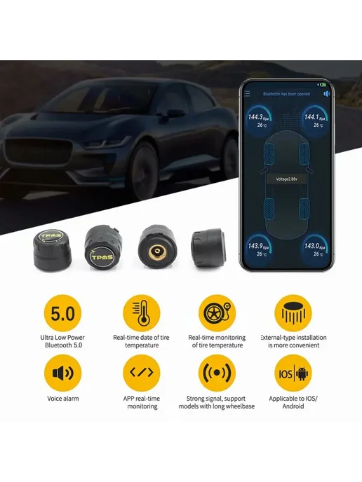 Нет бренда TPMS датчики шин Bluetooth 5.0, 4шт, BT5.0 External, 4 шт, фото 5