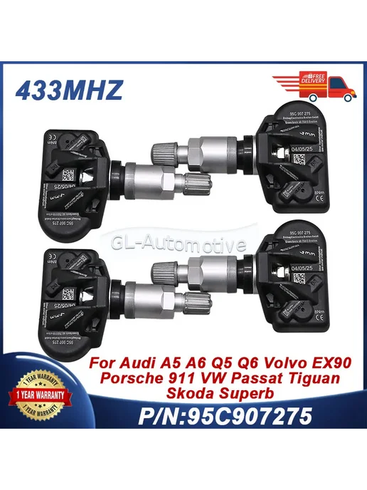 GANGLE 4шт. TPMS датчик 433 МГц 95C907275 для Audi VW Skoda Porsche, 4 шт, фото 2