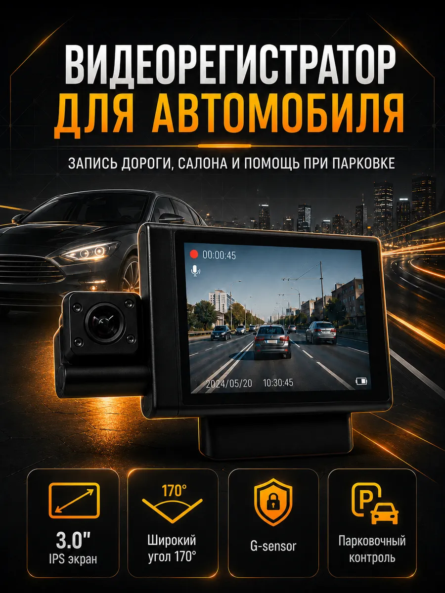 Автомобильный видеорегистратор с тройной камерой и Wi-Fi
