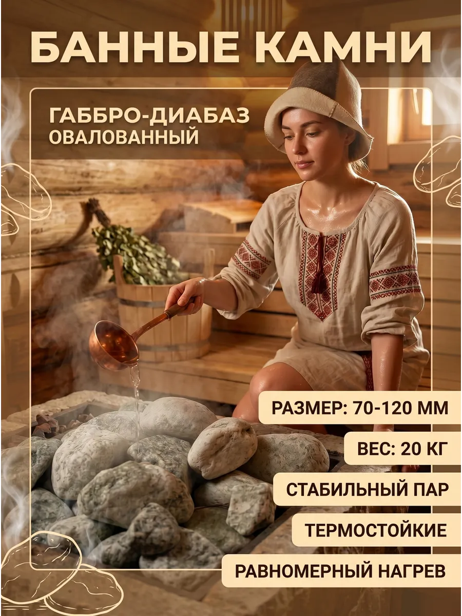 Камни для бани Габбро-диабаз 20 кг, галтованный, 70-120 мм