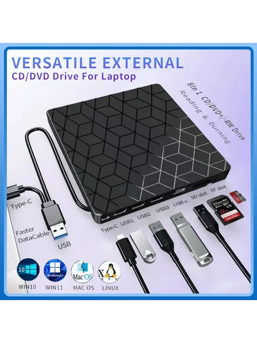 GGBEE Портативный Оптический Привод 7-в-1 USB3.0 И Type-C Для Ноут, 7-в-1 DVD CD привод, фото 2