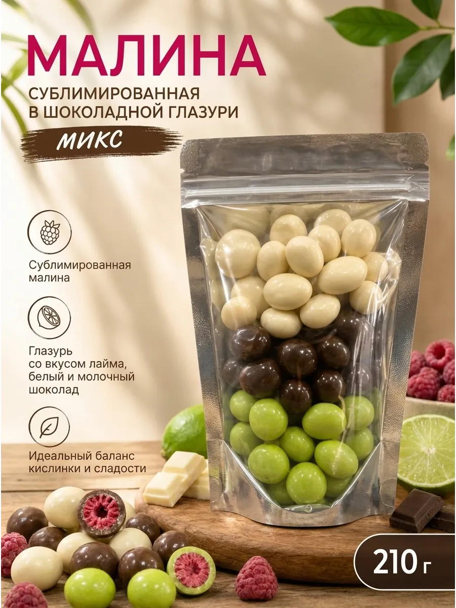 Малина сублимированная в лайме и шоколадной глазури 210 гр