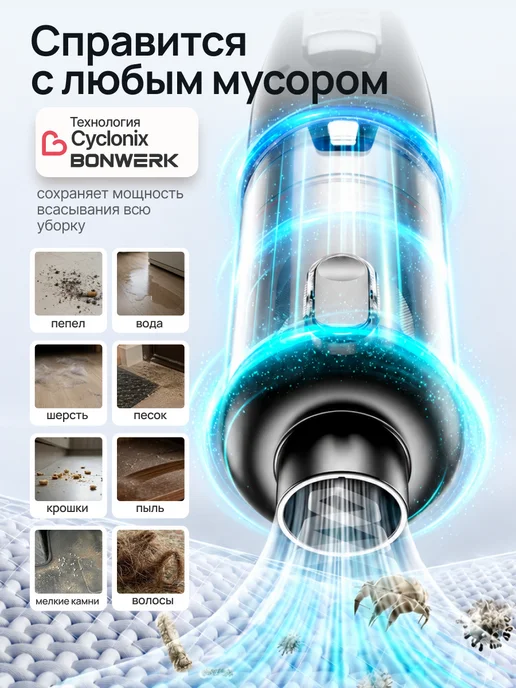 BONWERK Пылесос для автомобиля беспроводной и от прикуривателя, черный, фото 5