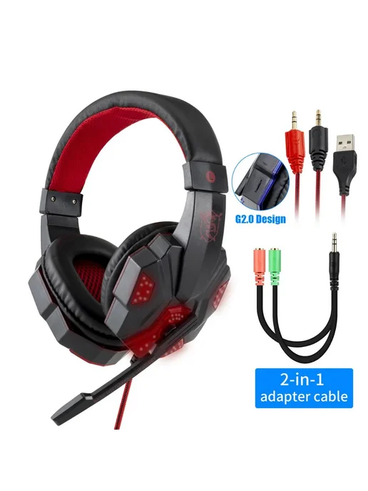QearFun Игровые наушники с микрофоном Red Black LED, черный
