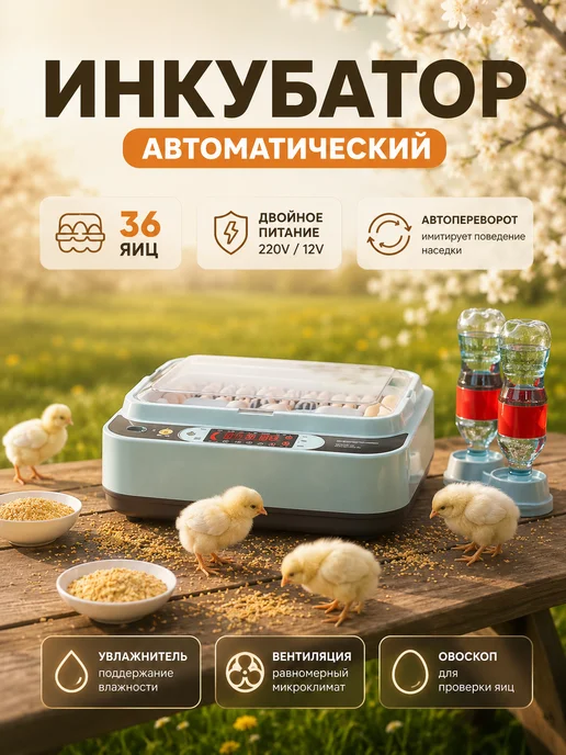 Инкубатор для 36 яиц автоматический с терморегулятором, синий, фото 2