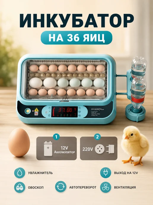 Инкубатор для 36 яиц автоматический с терморегулятором, синий, фото 6