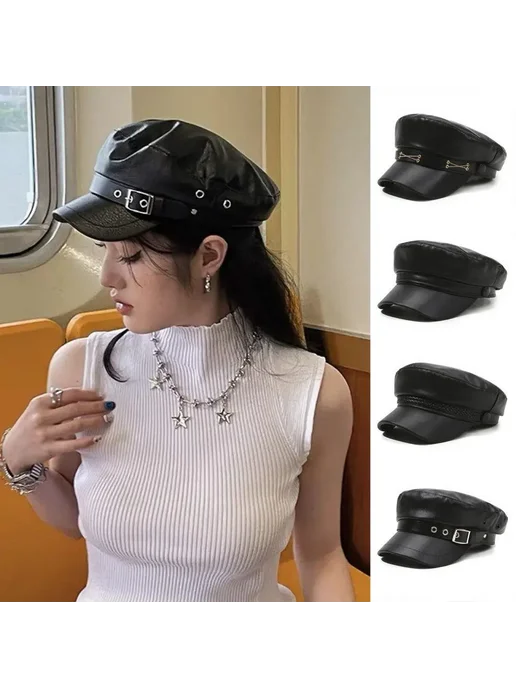 Нет бренда Черный искусственный кожаный берет style1, черный, фото 2