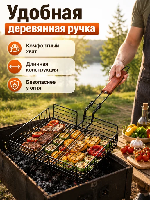 Решетка-гриль с деревянной ручкой для мангала, вариант, фото 4