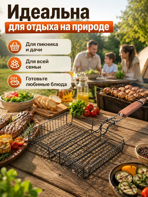 Решетка-гриль с деревянной ручкой для мангала, вариант, фото 5