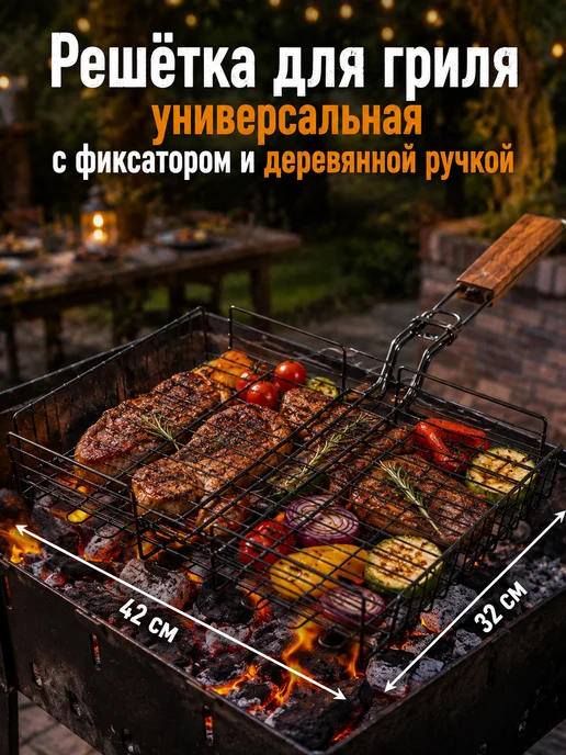 Решетка-гриль с деревянной ручкой для мангала, вариант, фото 6