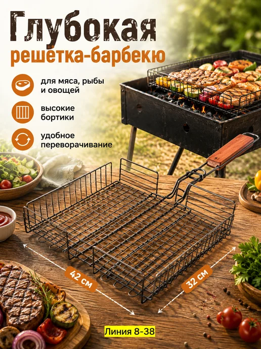 Решетка-гриль с деревянной ручкой для мангала, вариант, фото 7
