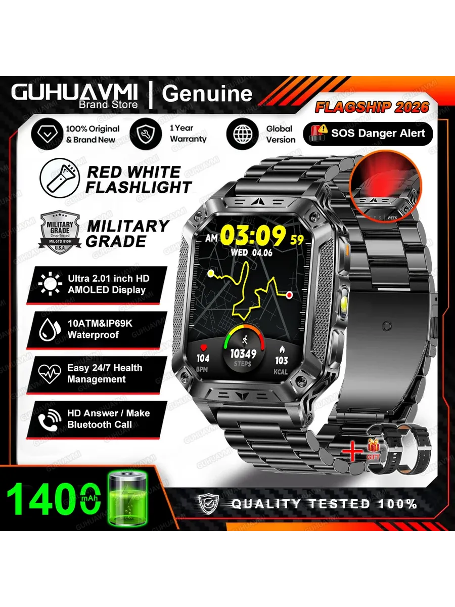GUHUAVMI Мужские умные часы 2026 года GPS, AMOLED, 1400 мАч Black St