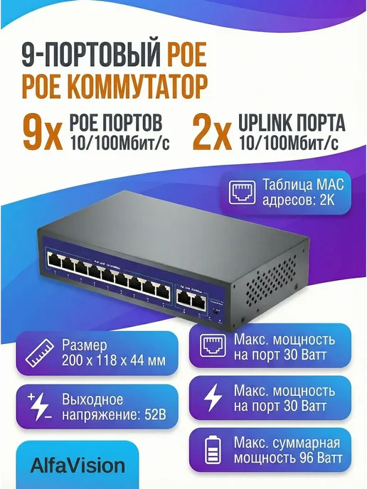 AlfaVision PoE Свитч 9 Портов Коммутатор AV-PS709 2 ECO, вариант