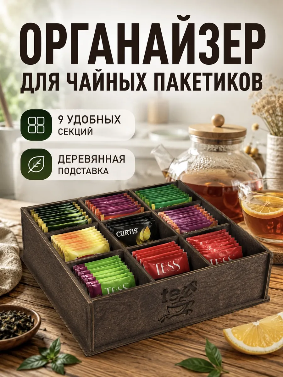 Органайзер подставка 9 секций для чайных пакетиков большой