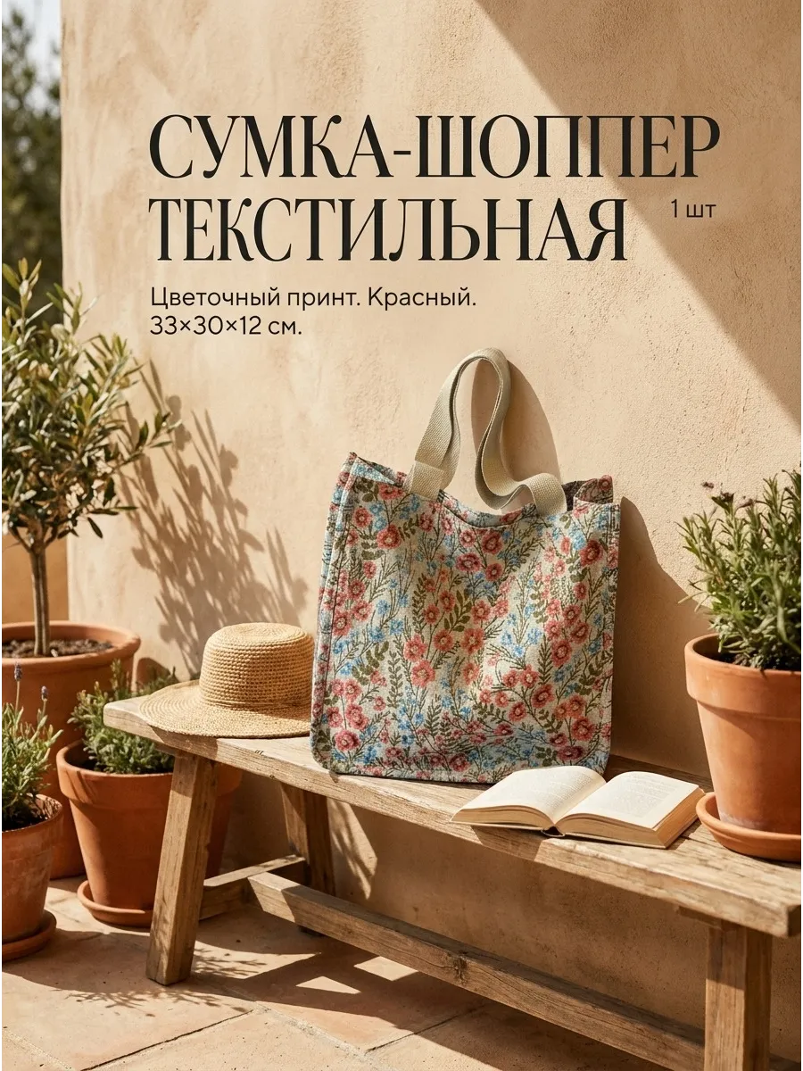 Сумка текстильная, с цветами, красная, 33х30х12 см, 1 шт